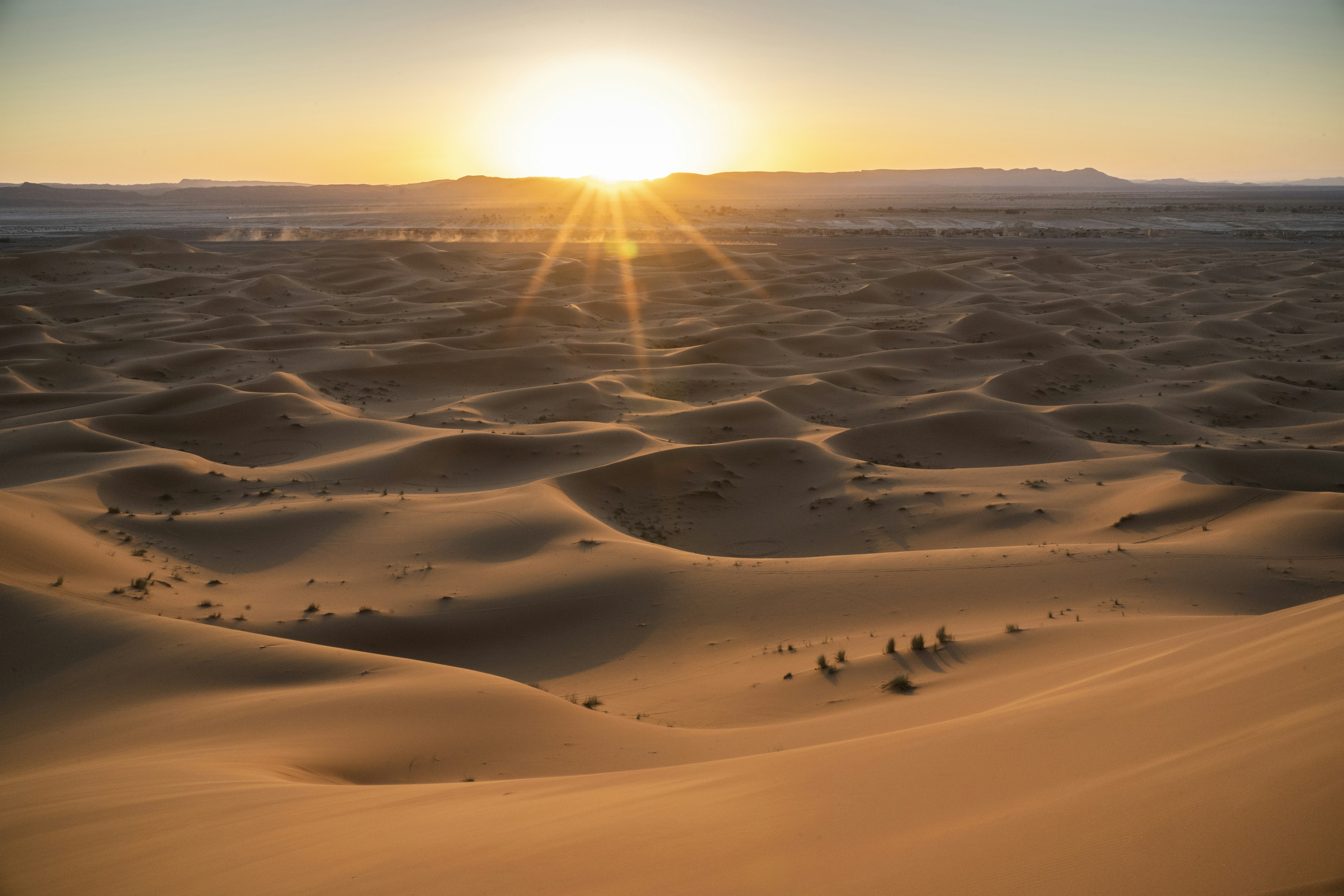 a group of people walking on a sandy beach, Sunset over Sahara Desert