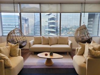 a living room with a large window