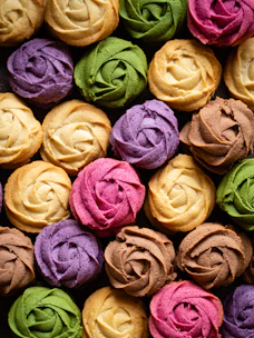 A beautifully arranged display of freshly baked cookies in soft pastel colors.