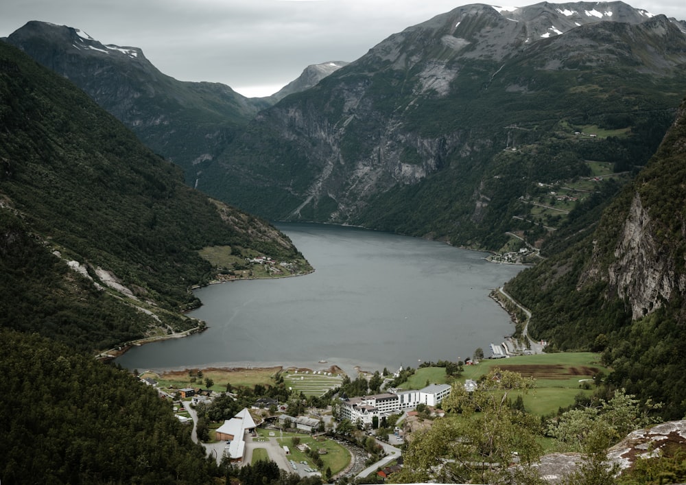 a lake between mountains