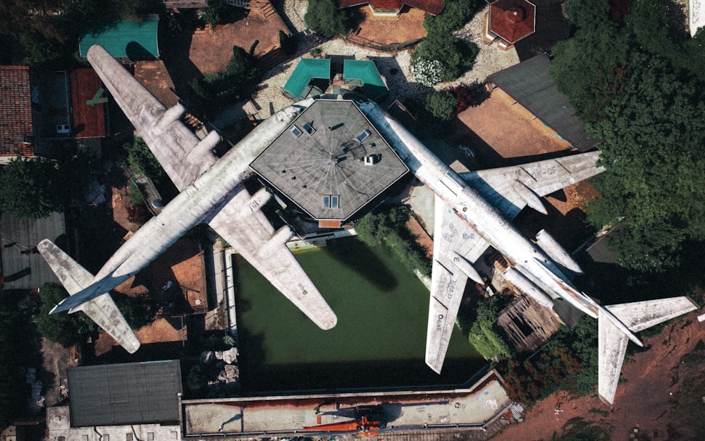 an aerial view of a large military plane