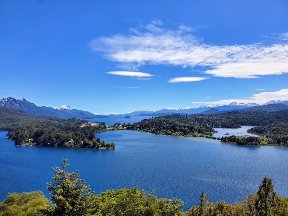 a lake surrounded by trees and mountains