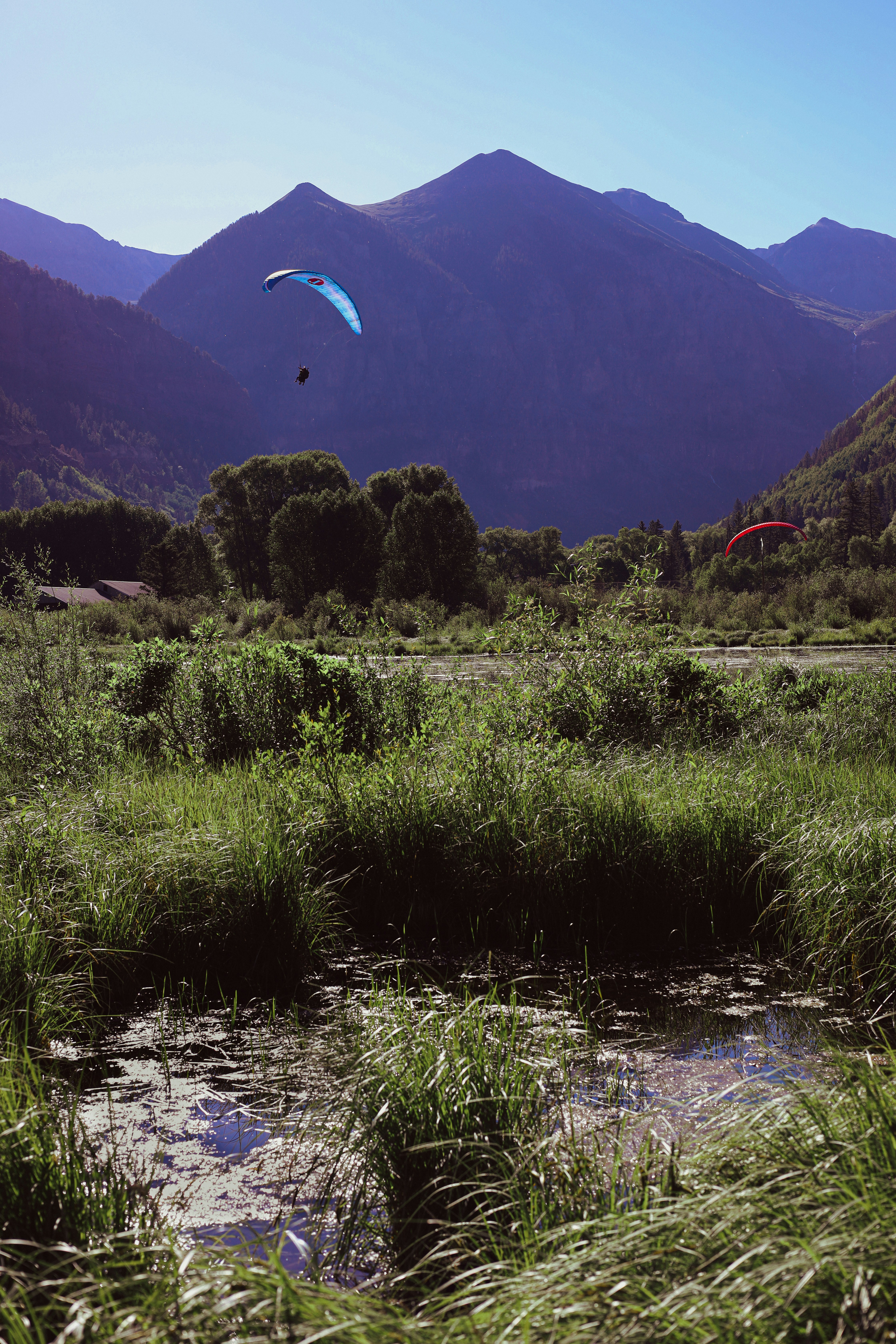 Paraglider taking off from Billing launch site with vast Himalayan valley visible far below, morning light