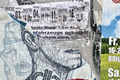 A collage of torn posters, featuring a sketched drawing of a face and various text-based advertisements. The text includes dates and showtimes, with phrases in German, such as 'beste Show' and 'fahrzeuge gesucht'. The image includes partially visible nature scenery on one side.