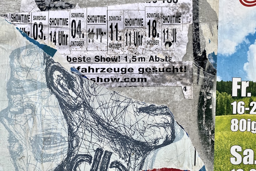 A collage of torn posters, featuring a sketched drawing of a face and various text-based advertisements. The text includes dates and showtimes, with phrases in German, such as 'beste Show' and 'fahrzeuge gesucht'. The image includes partially visible nature scenery on one side.