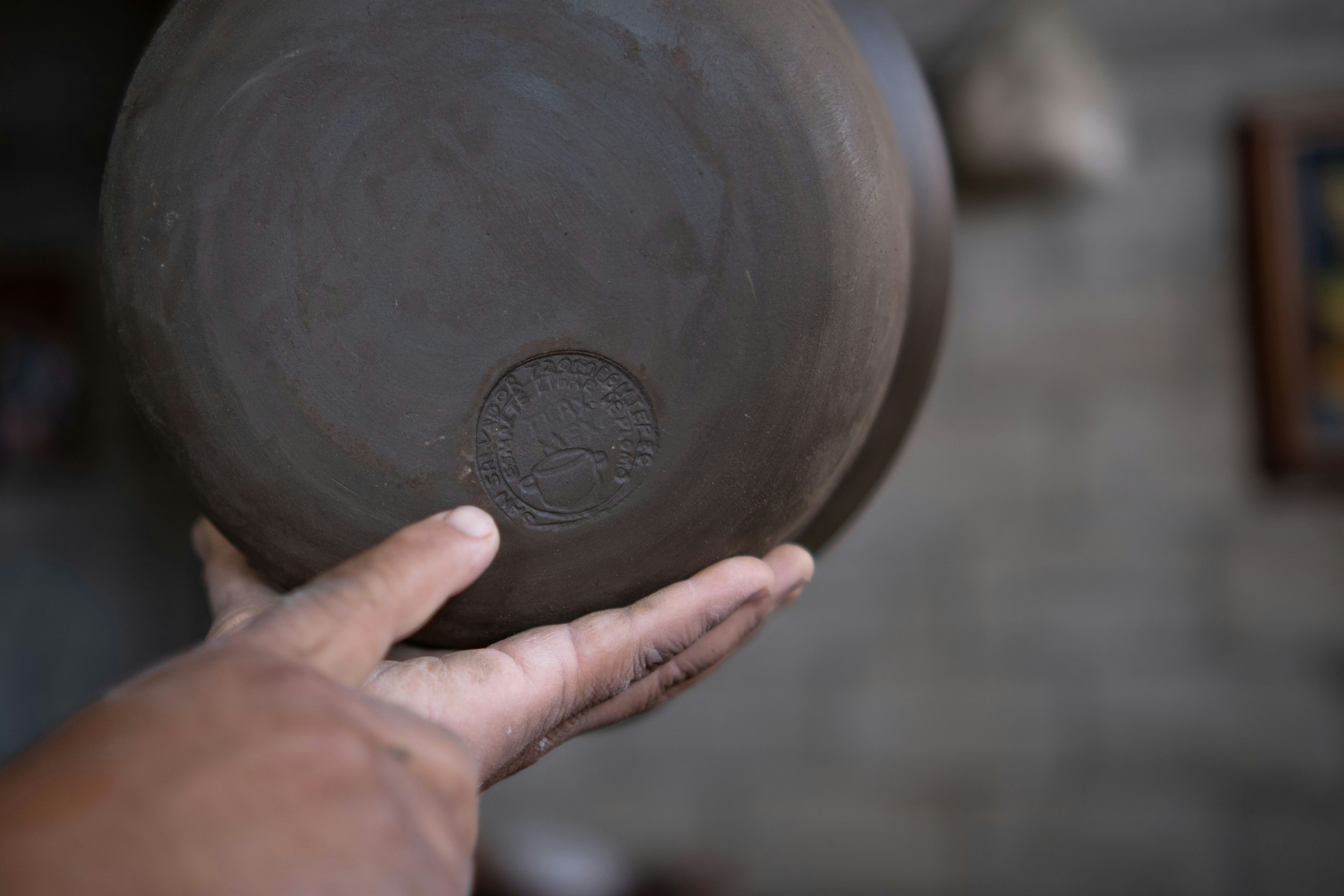 a hand holding a round brown object