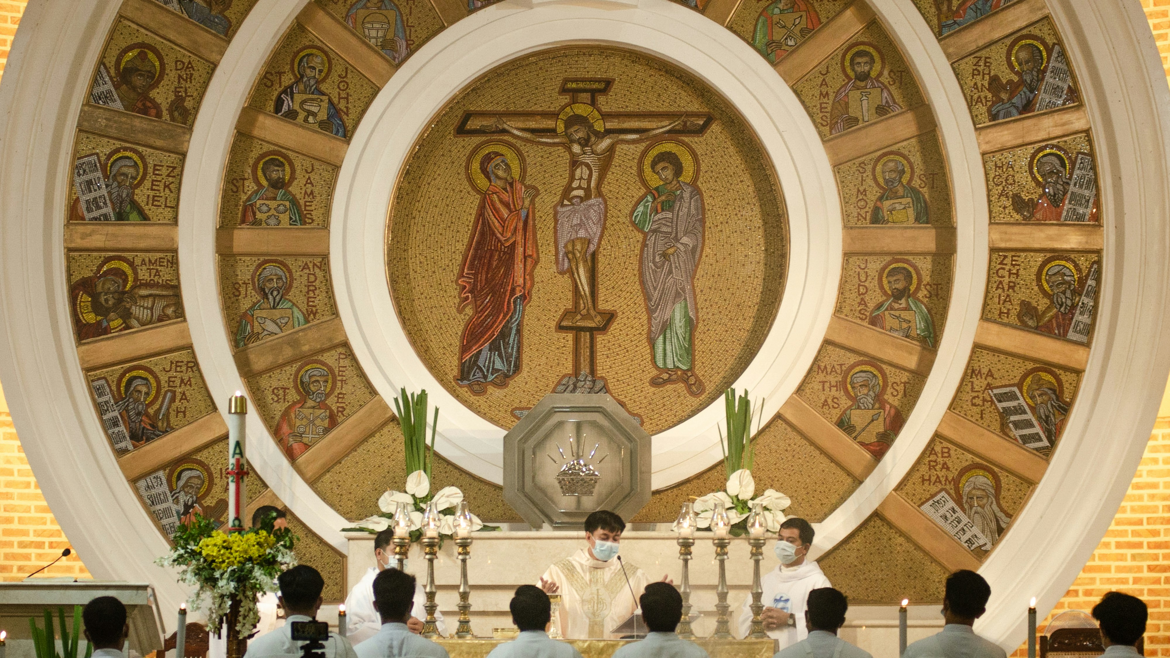 a group of people in a church