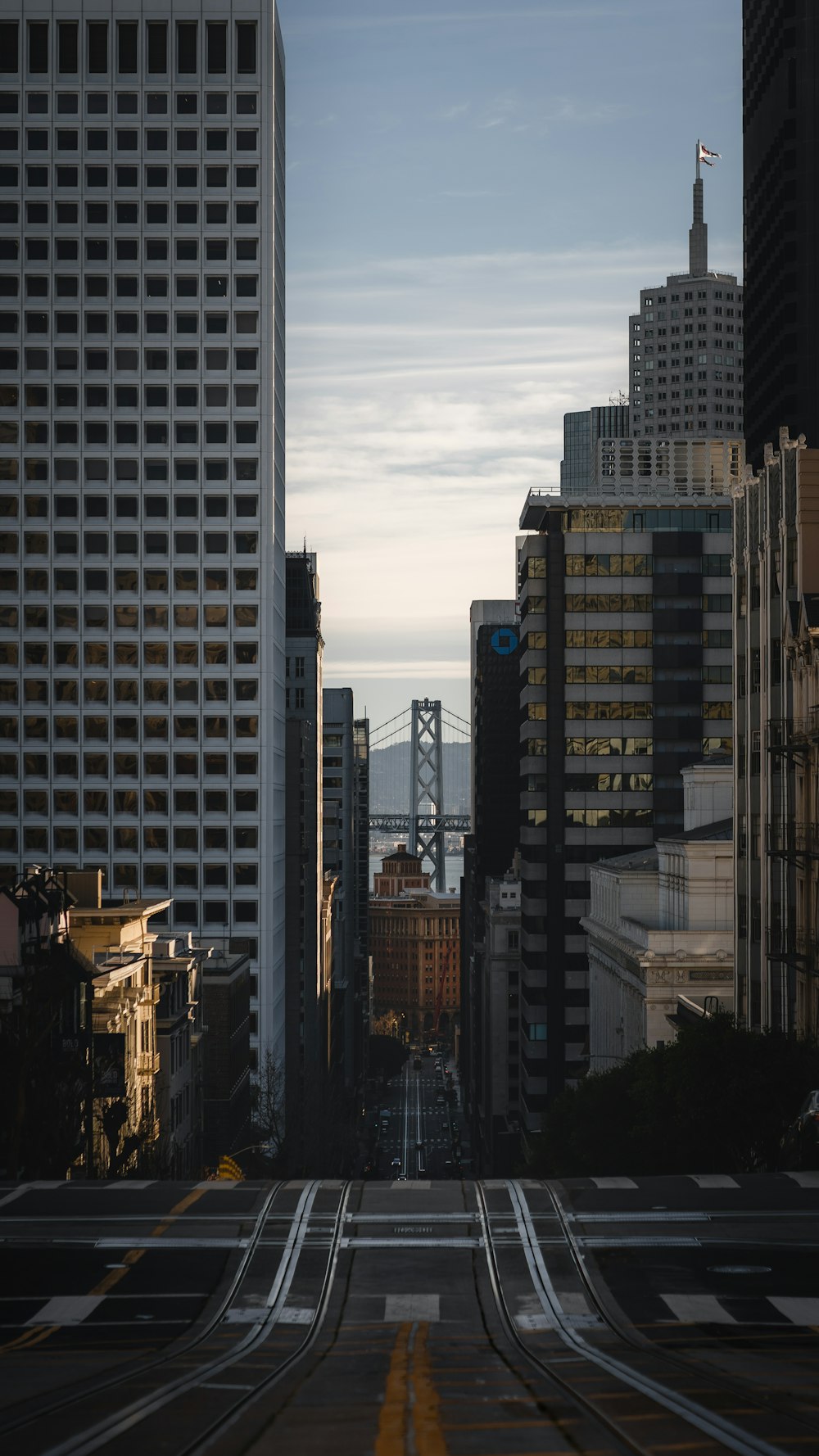 a city street with tall buildings