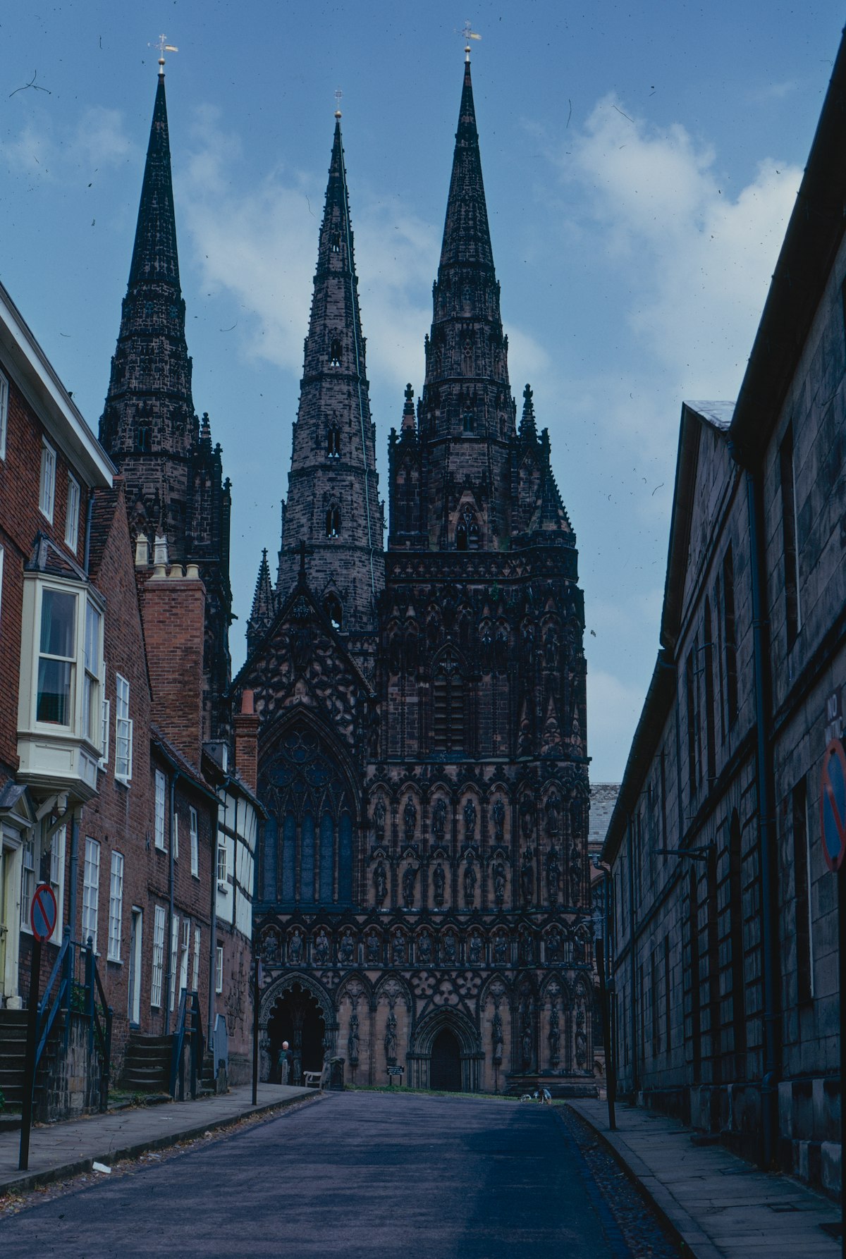 Lichfield Cathedral and its distinctive three spires in Lichfield, Staffordshire