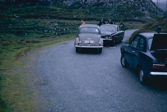 A winding rural road with three vintage cars, including a police vehicle. Two individuals stand near the vehicles, one gesturing, possibly interacting with law enforcement. The scene includes grassy hills and rocky slopes, indicating a remote or countryside area.