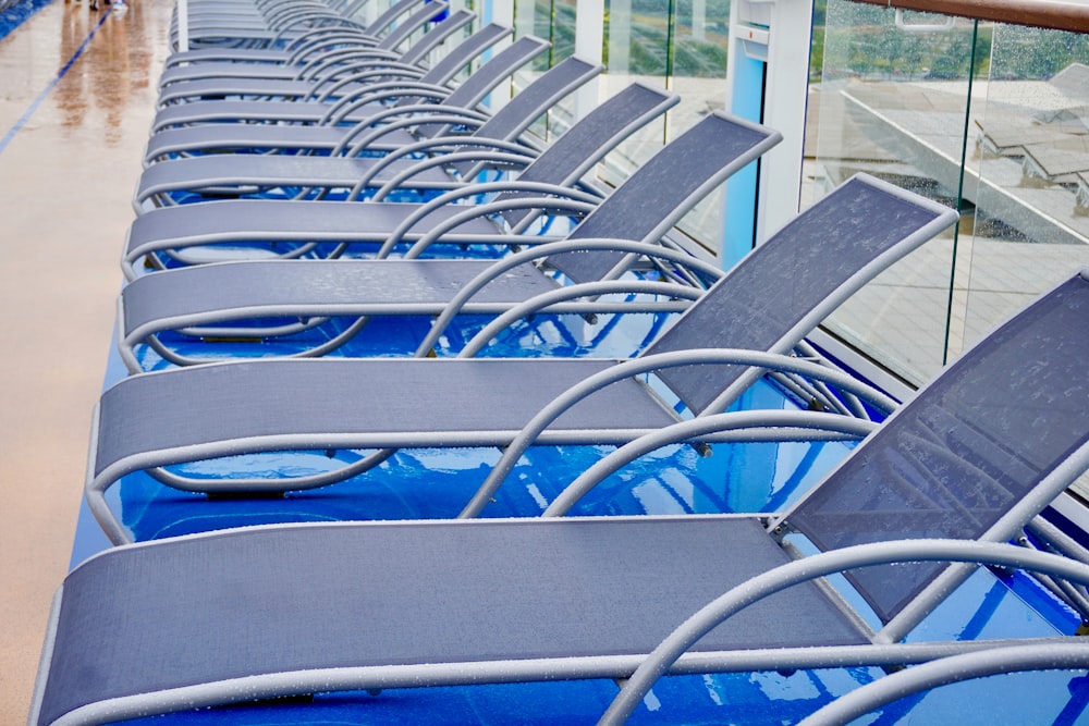 a group of metal chairs