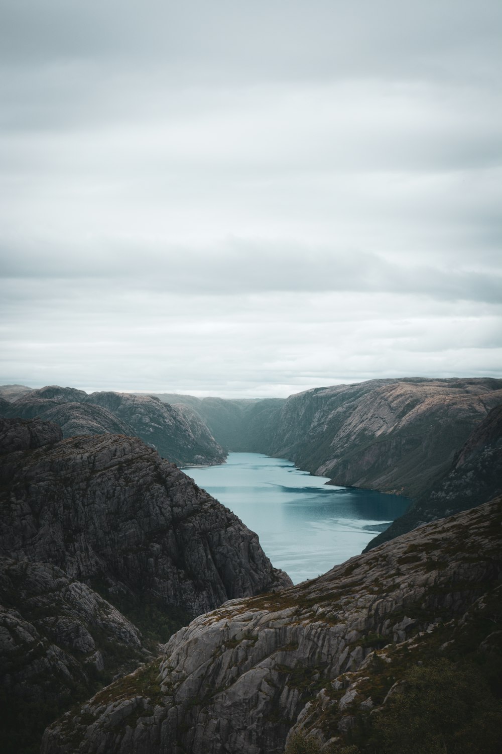 a body of water between mountains