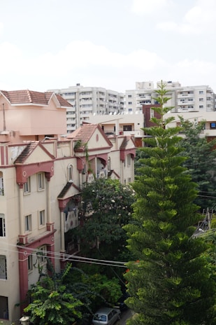 A residential area with a mix of modern and traditional architectural styles. High-rise apartment buildings in the background contrast with the older, beige and pink houses with sloped roofs in the foreground. Lush greenery, including a tall coniferous tree, surrounds the buildings, adding to the suburban feel.