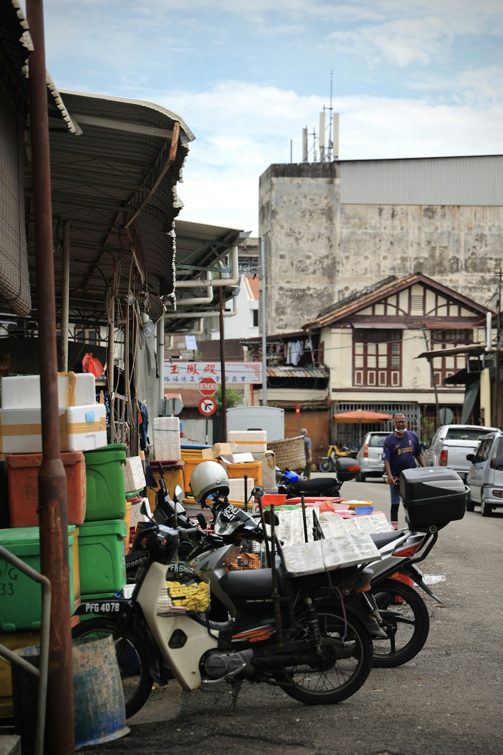 a motorcycle parked on the side of a street