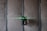 A green laser level projects a horizontal line across a textured wall, with vertically aligned metal studs visible. The scene suggests a construction or renovation setting.