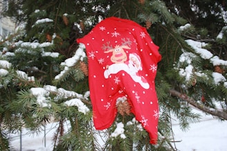 A red garment featuring a festive design with a reindeer and Santa Claus is hanging on the branches of a snow-covered evergreen tree. Pinecones are also visible among the branches, which are partially covered with snow.