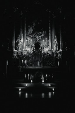 A serene altar with candles and mystical symbols glowing softly in the dark