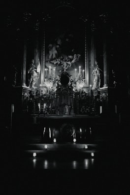 An altar with sacred symbols and candles, creating a spiritual ambiance.