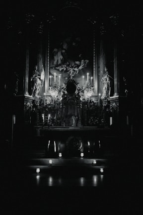 A modern altar lit with warm lights, symbolizing the fire of faith.