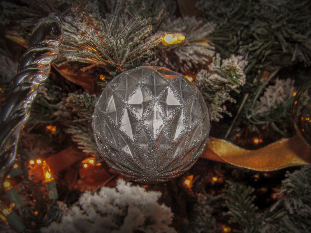 a silver ball on a tree