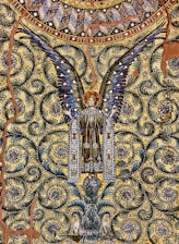 A detailed mosaic artwork depicting an angel with outspread wings, adorned with intricate patterns and vibrant colors. The background is filled with swirling floral motifs and geometric shapes, creating a rich tapestry-like effect. The angel is dressed in a decorated robe, and there is a sense of symmetry and elegance throughout the design.