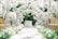 An aisle decorated with lush white flowers arching over, creating a romantic and elegant setting. Golden chairs are arranged on each side, and a table adorned with a white tablecloth and flowers is positioned at the end. The backdrop features vibrant green foliage, providing a serene, natural atmosphere.