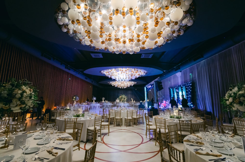 a room with tables and chairs