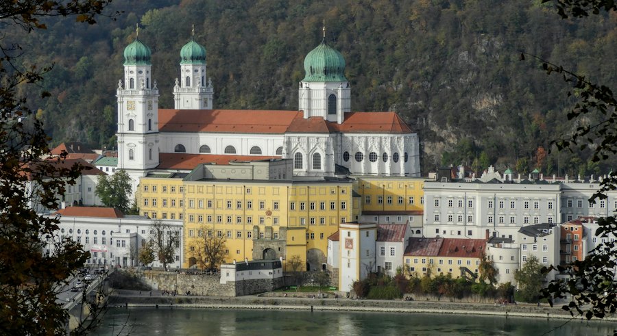 The twin green domes of St Stephen’s Cathedral, Passau, on its hill