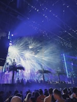 A lively night scene at a music festival with a crowd of people gathering under bright, colorful stage lights. Palm trees and fog effects enhance the tropical ambiance, with beams of light creating a dynamic and energetic atmosphere.