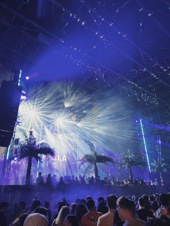 A lively night scene at a music festival with a crowd of people gathering under bright, colorful stage lights. Palm trees and fog effects enhance the tropical ambiance, with beams of light creating a dynamic and energetic atmosphere.