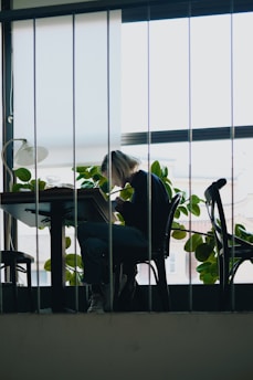 A person is sitting at a table near a large window with light filtering in. Green leafy plants are situated in the background, and there's a lamp on the table. The scene conveys a quiet, introspective atmosphere.