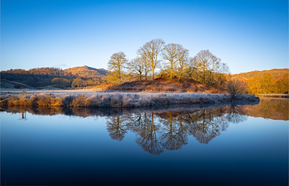 a body of water with trees and hills in the background