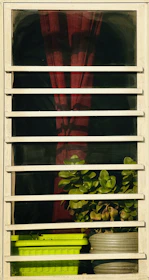 Elegant curtain and rod set framing a bright window with a wooden plant shelf below, filled with greenery.