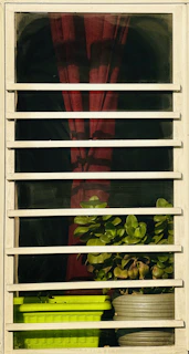 Elegant curtain and rod set framing a bright window with a wooden plant shelf below, filled with greenery.