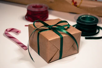 a green and white wrapped gift wrapped gift wrapped in green ribbon