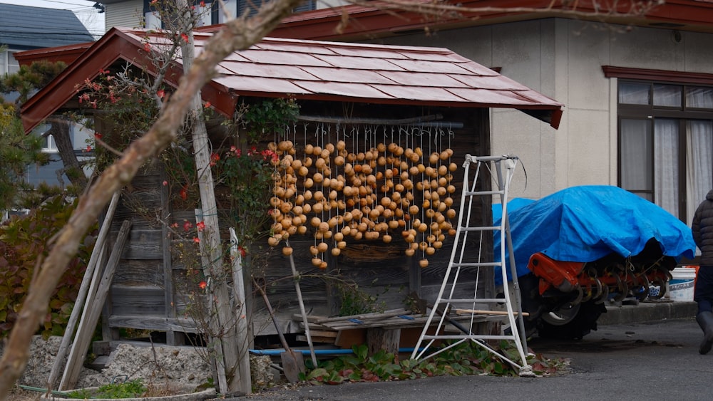 a fruit stand with a ladder