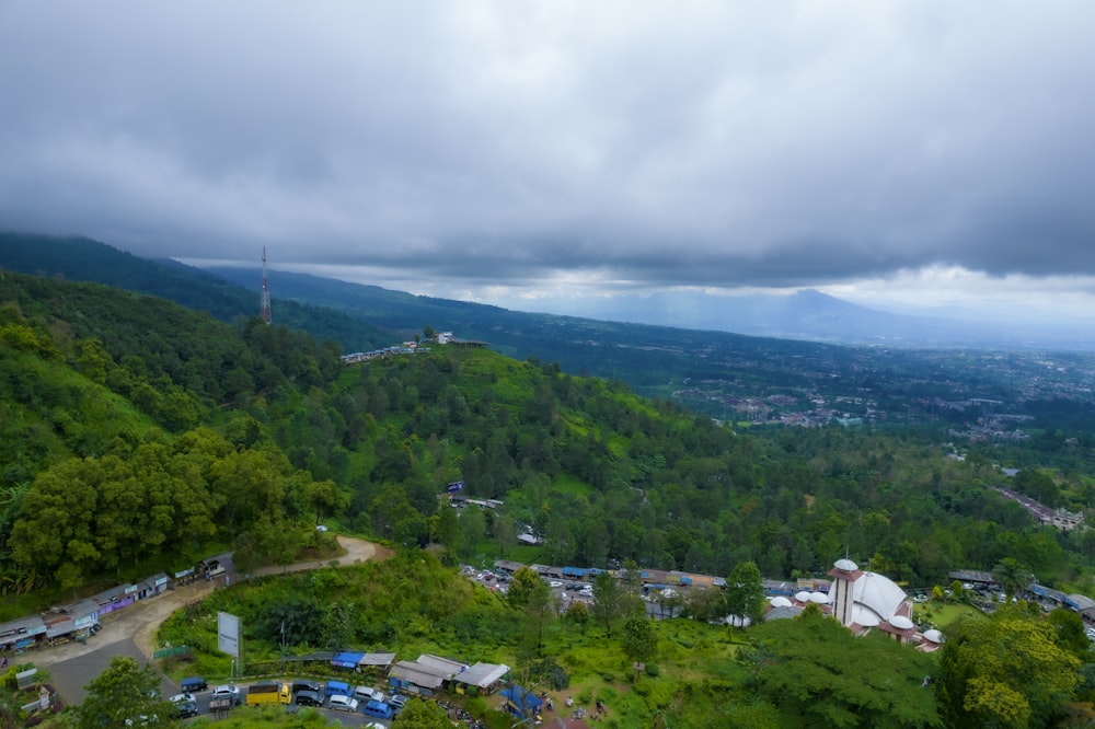 a landscape with trees and buildings