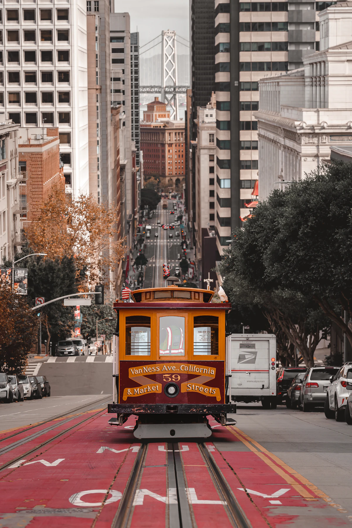 A San Francisco cable car on a steep city street