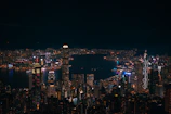 A bustling city skyline at night with illuminated skyscrapers
