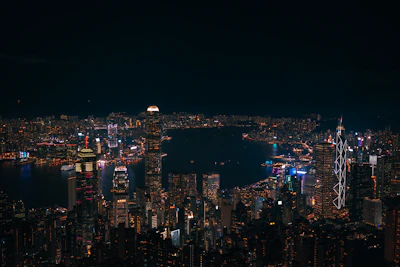 A bustling city skyline at night with illuminated skyscrapers