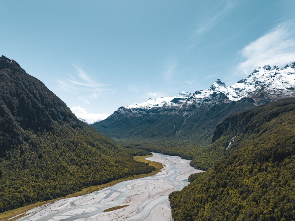 a river running through a valley between mountains