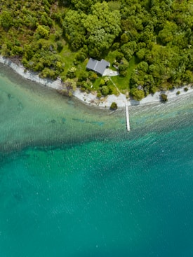 A solitary house with a gray roof nestled among lush green trees beside a tranquil turquoise lake. A wooden pier extends from the shore into the clear water, surrounded by a dense forest and a pebble beach.