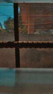 A mesh netting with a visible grid pattern is stretched across a window, filtering the view of the outside. Behind the netting, a blurred scene with abstract shapes and colors suggests trees and structures under a bright sky.