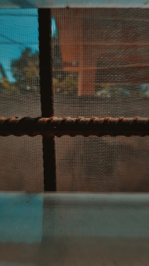 A mesh netting with a visible grid pattern is stretched across a window, filtering the view of the outside. Behind the netting, a blurred scene with abstract shapes and colors suggests trees and structures under a bright sky.