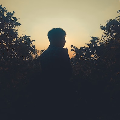 A subtle silhouette of a person standing at dawn, bathed in warm golden light.