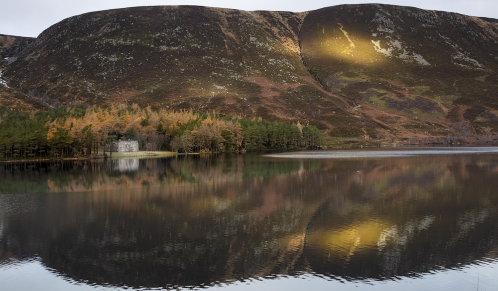 a lake with a mountain in the background