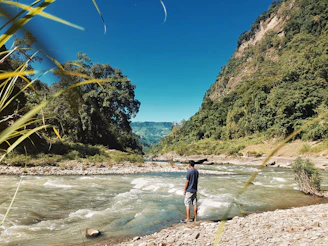 A traveler standing atop a lush green hill gazing over a winding river.