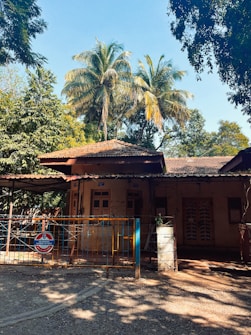 A rustic house with a tiled roof, surrounded by lush greenery and tall palm trees. The house has wooden windows and a front gate with a 'No Parking in front of gate' sign. Sunlight filters through the trees, creating dappled shadows on the ground.