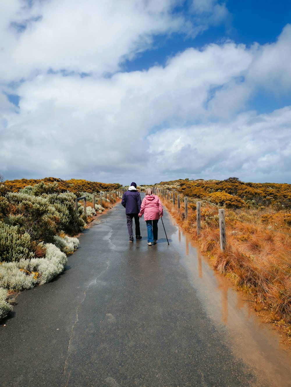 a couple walking on a road