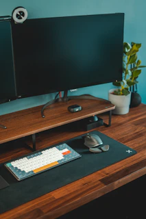 Side view of a modern desk setup featuring a plant, notebook, and a high-end keyboard.